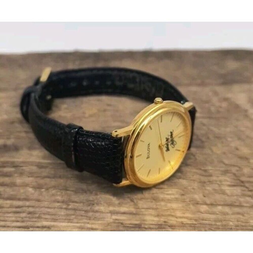 Bullova Classic 33mm "Working Together" Watch Gold Tone Black Leather - Picture 6 of 8